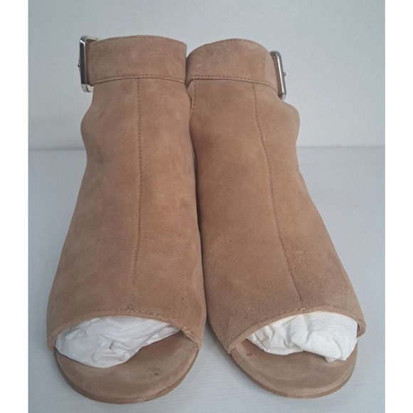 Nine West Tan Suede Leather Chunky Heels Size 7M Jazzyo Open Toe Ankle Buckle - Picture 2 of 8
